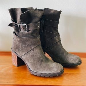 Clarks | Taupe Brown Suede Buckle Heeled Boots